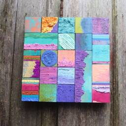 Big Abstract Modern Mixed Media Handpainted Wood Block Glazed Collage 15Ins Sq Southwest Cailfornia Mid Century Decor Trends Bedroom Office - thumbnail 2