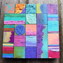 Big Abstract Modern Mixed Media Handpainted Wood Block Glazed Collage 15Ins Sq Southwest Cailfornia Mid Century Decor Trends Bedroom Office - thumbnail 3