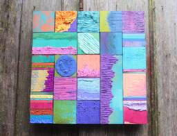 Big Abstract Modern Mixed Media Handpainted Wood Block Glazed Collage 15Ins Sq Southwest Cailfornia Mid Century Decor Trends Bedroom Office - thumbnail 1