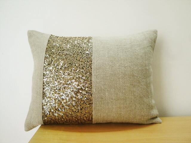 Linen Pillow With Gold Sequin Band , Holiday Decor Throw Decorative - image 1