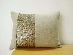 Linen Pillow With Gold Sequin Band , Holiday Decor Throw Decorative - thumbnail 1
