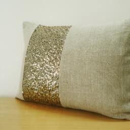 Linen Pillow With Gold Sequin Band , Holiday Decor Throw Decorative - thumbnail 2