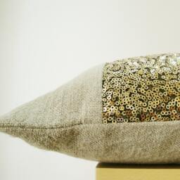 Linen Pillow With Gold Sequin Band , Holiday Decor Throw Decorative - thumbnail 3