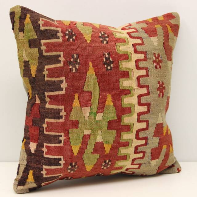 Vintage Kilim Pillow Cover 16x16, Turkish Boho Cushion - image 1