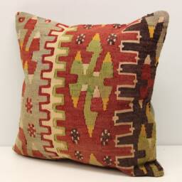Vintage Kilim Pillow Cover 16x16, Turkish Boho Cushion - thumbnail 3
