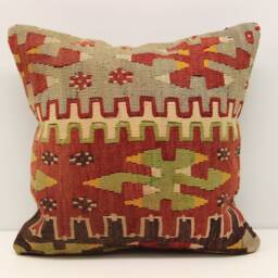 Vintage Kilim Pillow Cover 16x16, Turkish Boho Cushion - thumbnail 2