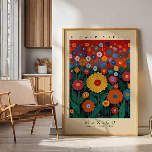 Mexico Flower Market Print, Dahlia Wall Art, National Of Mexico, Bold Floral Poster, Colorful Vibrant Botanical Mexican Art - image 1