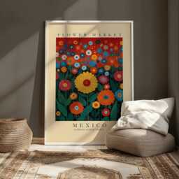 Mexico Flower Market Print, Dahlia Wall Art, National Of Mexico, Bold Floral Poster, Colorful Vibrant Botanical Mexican Art - thumbnail 3
