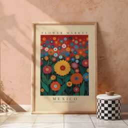 Mexico Flower Market Print, Dahlia Wall Art, National Of Mexico, Bold Floral Poster, Colorful Vibrant Botanical Mexican Art - thumbnail 2