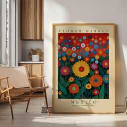 Mexico Flower Market Print, Dahlia Wall Art, National Of Mexico, Bold Floral Poster, Colorful Vibrant Botanical Mexican Art - thumbnail 1