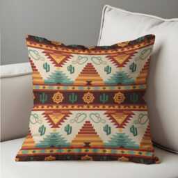 Southwestern Desert Cushion Cover, Cactus & Pyramid Pattern Pillow Case, Rustic Western Throw Boho Lodge Decor - thumbnail 3