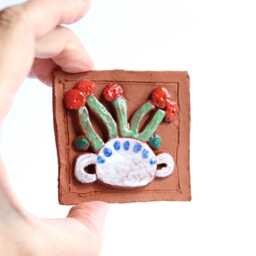 Handmade Ceramic Wall Art Rustic Floral Relief Tile - thumbnail 2