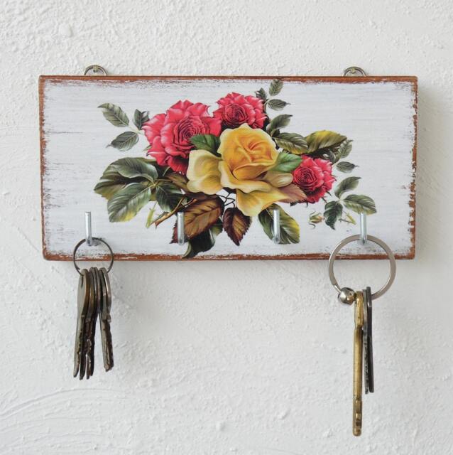 Old Country Roses Key Holder For Wall, English Wall Decor, Wooden Hanger, Red & Yellow - image 1