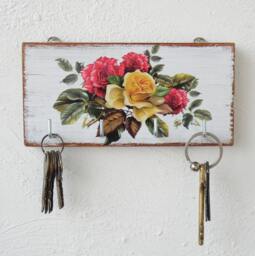 Old Country Roses Key Holder For Wall, English Wall Decor, Wooden Hanger, Red & Yellow