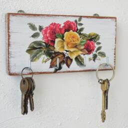 Old Country Roses Key Holder For Wall, English Wall Decor, Wooden Hanger, Red & Yellow - thumbnail 4