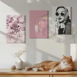 Set Of 3 Canvas Prints - Flowers in Shades Pink & An Elegant Woman, Print On Canvas, Plants Wall Decor - thumbnail 2