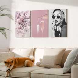 Set Of 3 Canvas Prints - Flowers in Shades Pink & An Elegant Woman, Print On Canvas, Plants Wall Decor - thumbnail 3