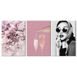 Set Of 3 Canvas Prints - Flowers in Shades Pink & An Elegant Woman, Print On Canvas, Plants Wall Decor - thumbnail 1
