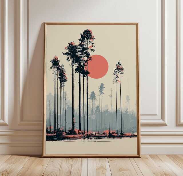 Pine Forest Poster, Minimalist Woodland Wall Art, Sun Landscape Print - image 1