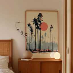 Pine Forest Poster, Minimalist Woodland Wall Art, Sun Landscape Print - thumbnail 2