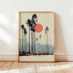 Pine Forest Poster, Minimalist Woodland Wall Art, Sun Landscape Print - thumbnail 4