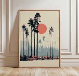 Pine Forest Poster, Minimalist Woodland Wall Art, Sun Landscape Print
