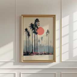 Pine Forest Poster, Minimalist Woodland Wall Art, Sun Landscape Print - thumbnail 3