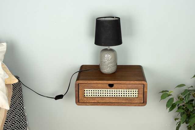 Floating Nightstand With Rattan Drawer in Solid Oak - Warm Modern Bedside Table - image 1