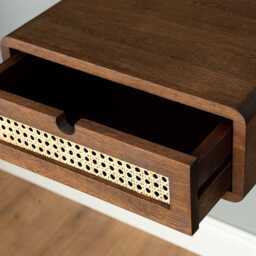 Floating Nightstand With Rattan Drawer in Solid Oak - Warm Modern Bedside Table - thumbnail 2