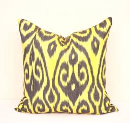 Handmade Gold & Black Ikat Pillow Cover, Cotton Cushion - 20x20 - thumbnail 1