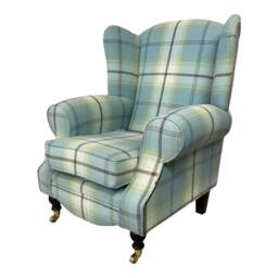 Queen Anne Wingback Chair Balmoral Duck Egg Blue Tartan, Brass Castor Legs