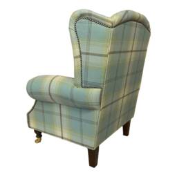 Queen Anne Wingback Chair Balmoral Duck Egg Blue Tartan, Brass Castor Legs - thumbnail 3