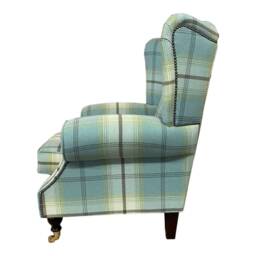 Queen Anne Wingback Chair Balmoral Duck Egg Blue Tartan, Brass Castor Legs - thumbnail 4