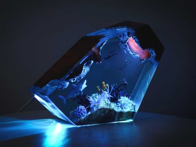 Exclusive Diver & Shark Ocean Lamp - Handmade Underwater Resin Light Inspired Wood Epoxy Diorama, Nature Decor & Gift For Marine Lovers - image 1