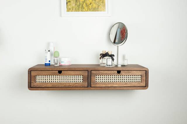 Floating Vanity Table With Two Rattan Drawers in Solid Oak - Bedroom Makeup Desk - image 1
