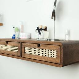 Floating Vanity Table With Two Rattan Drawers in Solid Oak - Bedroom Makeup Desk - thumbnail 4