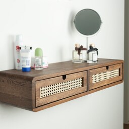 Floating Vanity Table With Two Rattan Drawers in Solid Oak - Bedroom Makeup Desk - thumbnail 2