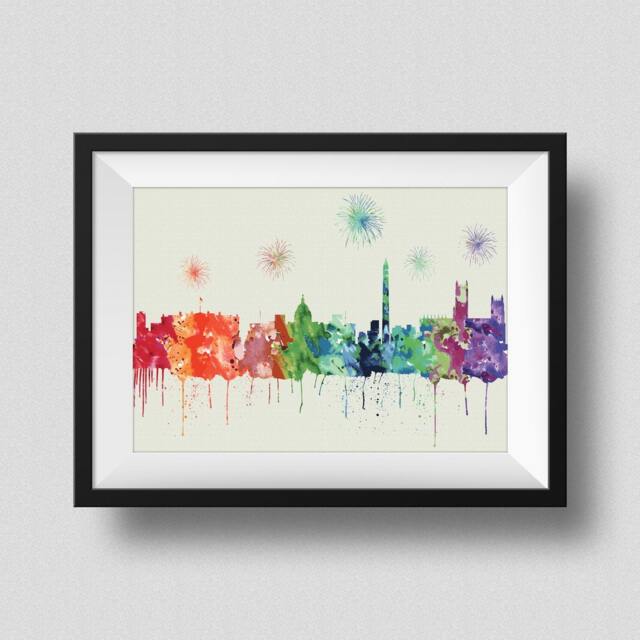 Washington Dc Skyline Rainbow Watercolor Map Art Print City With Firework Ink Splash Poster Canvas
