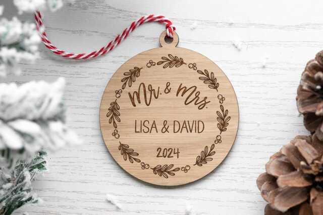 Personalised Our First Christmas Mr & Mrs 2024 Ornament - Wooden Laser Cut Tree Decoration - image 1