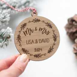 Personalised Our First Christmas Mr & Mrs 2024 Ornament - Wooden Laser Cut Tree Decoration - thumbnail 2