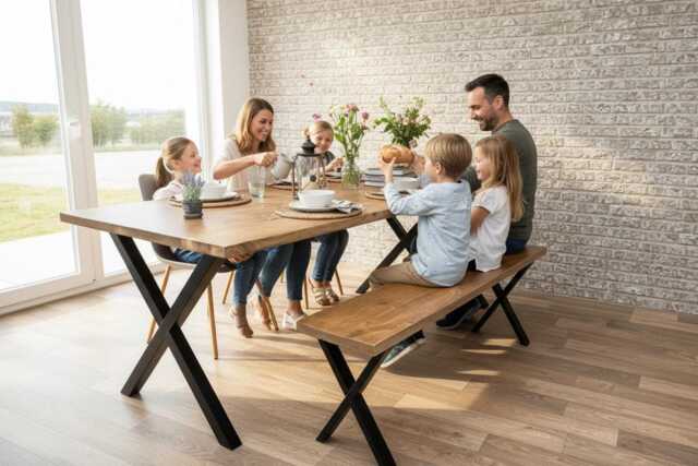 Industrial Steel X - Frame Leg Straight Edge Rustic Dining Table - image 1