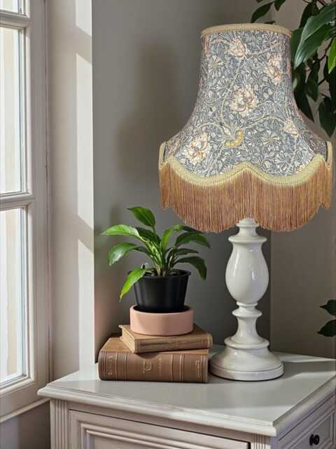 Handcrafted William Morris Steel Honeysuckle Fabric Scalloped Lampshade Antique Gold Braid, Fringe, Made in The UK - image 1
