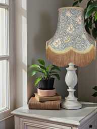Handcrafted William Morris Steel Honeysuckle Fabric Scalloped Lampshade Antique Gold Braid, Fringe, Made in The UK - thumbnail 1