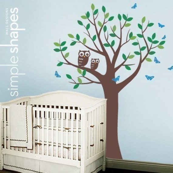 Tree With Two Owls & Butterflies Decal Set - Nursery Vinyl Wall - image 1