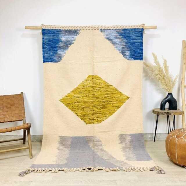 Cream Moroccan Kilim With Yellow Diamond & Blue Blocks - Handmade Flatweave Wool Rug Colorful Large Area Custom - image 1