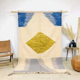 Cream Moroccan Kilim With Yellow Diamond & Blue Blocks - Handmade Flatweave Wool Rug Colorful Large Area Custom