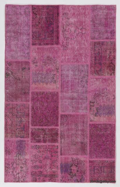 Handmade Pink Turkish Patchwork Rug Wool & Cotton - image 1