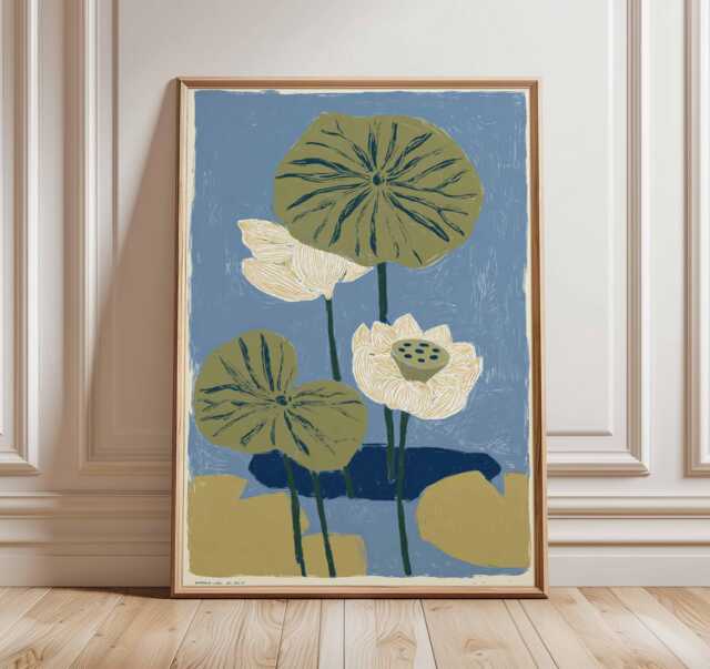 Lotus Flower Poster, Modern Botanical Art Print, Blue & Green Wall Art, Minimalist Nature Illustration, Contemporary Floral Home Decor - image 1