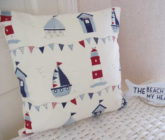 Nautical Seaside Cushion, Maritime Blue & Red Pillow, With A Zip Fastening - image 1
