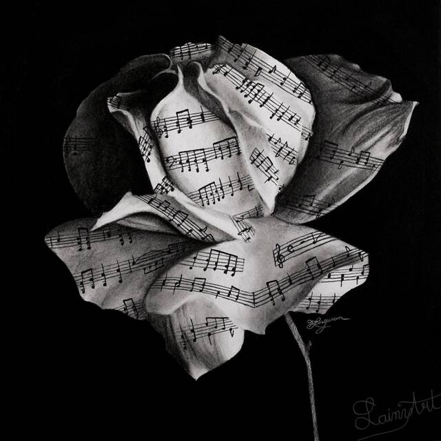 Rosenote - Music Lover Art Print Music, Sheet Music, Paper Rose, Charcoal Drawing - image 1